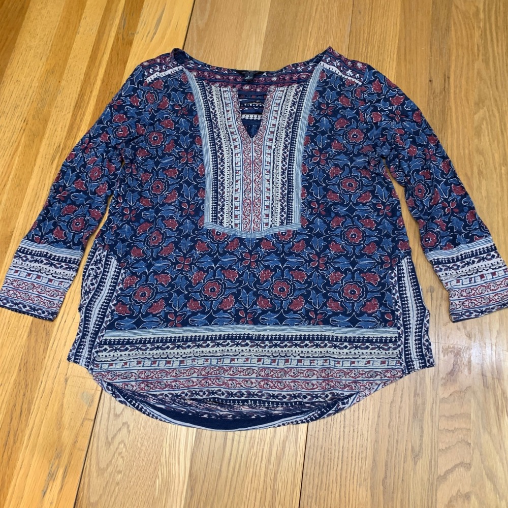 Lucky Brand Womens Blue‎ Red Floral Paisley Peasant Top Blouse Large Cotton
